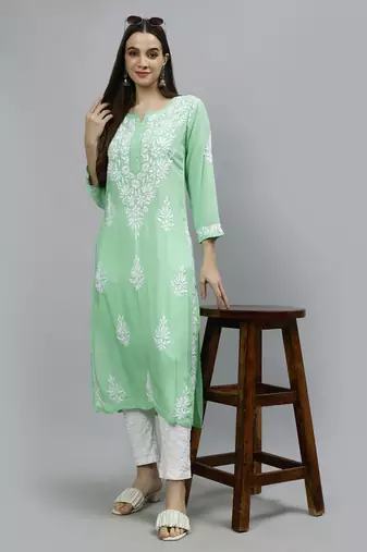 hand embroidered sea green modal lucknowi chikan kurta