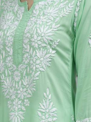 hand embroidered sea green modal lucknowi chikan kurta 3
