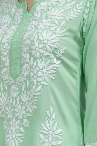 hand embroidered sea green modal lucknowi chikan kurta