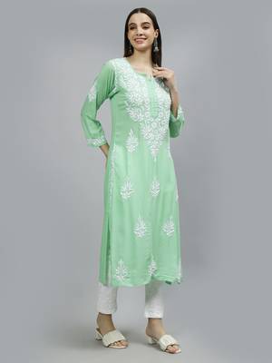 hand embroidered sea green modal lucknowi chikan kurta 4