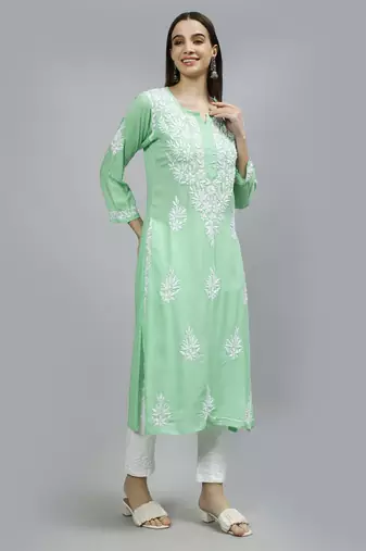 hand embroidered sea green modal lucknowi chikan kurta