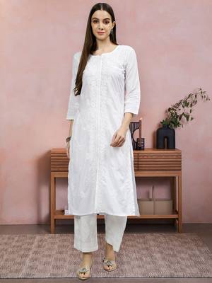 hand embroidered white cotton lucknowi chikan kurta 1