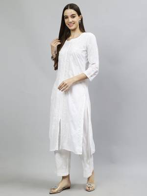 hand embroidered white cotton lucknowi chikan kurta 4