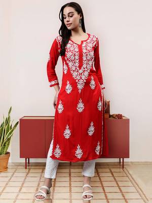 hand embroidered red modal lucknowi chikan kurta 1