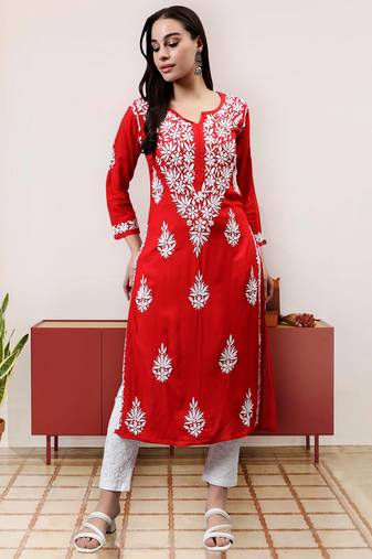 hand embroidered red modal lucknowi chikan kurta
