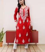 hand embroidered red modal lucknowi chikan kurta