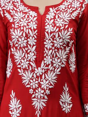hand embroidered red modal lucknowi chikan kurta 2