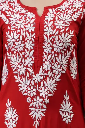 hand embroidered red modal lucknowi chikan kurta