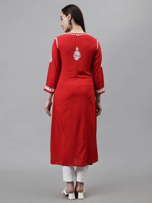 hand embroidered red modal lucknowi chikan kurta 3