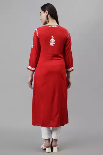 hand embroidered red modal lucknowi chikan kurta