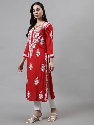 hand embroidered red modal lucknowi chikan kurta 4