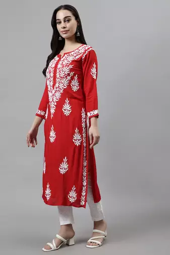 hand embroidered red modal lucknowi chikan kurta