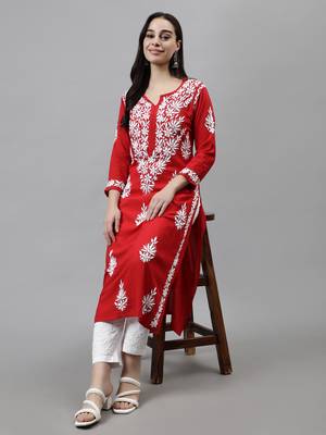 hand embroidered red modal lucknowi chikan kurta 5