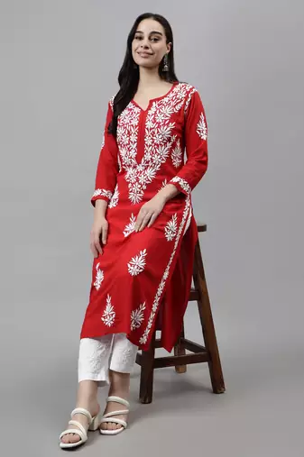 hand embroidered red modal lucknowi chikan kurta
