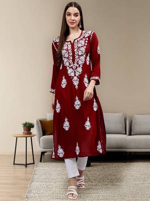 hand embroidered maroon modal lucknowi chikan kurta 1