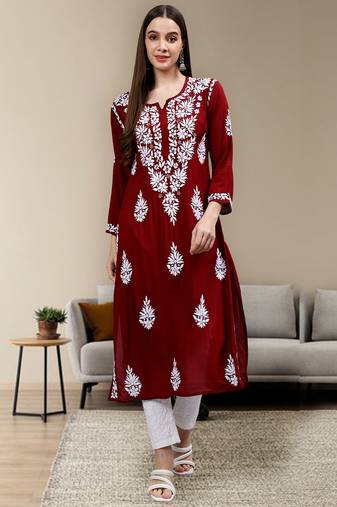 hand embroidered maroon modal lucknowi chikan kurta