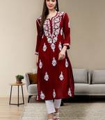 hand embroidered maroon modal lucknowi chikan kurta