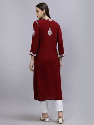 hand embroidered maroon modal lucknowi chikan kurta 2