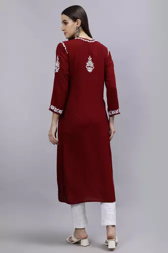 hand embroidered maroon modal lucknowi chikan kurta