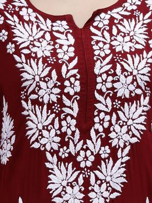 hand embroidered maroon modal lucknowi chikan kurta 3