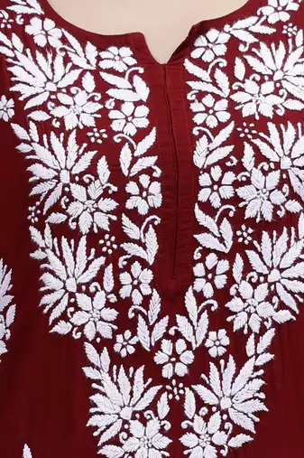 hand embroidered maroon modal lucknowi chikan kurta