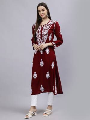 hand embroidered maroon modal lucknowi chikan kurta 4