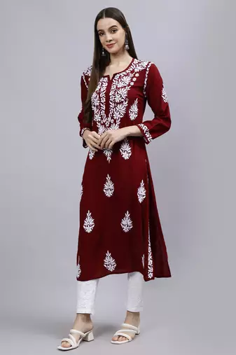 hand embroidered maroon modal lucknowi chikan kurta