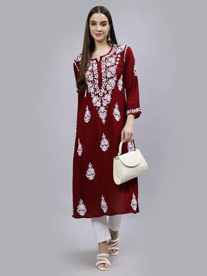 hand embroidered maroon modal lucknowi chikan kurta 5