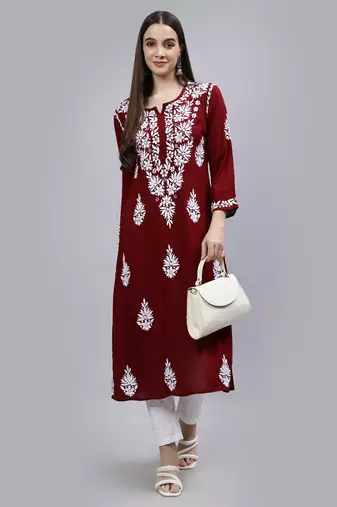 hand embroidered maroon modal lucknowi chikan kurta