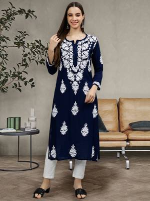 hand embroidered navy blue modal lucknowi chikan kurta 1