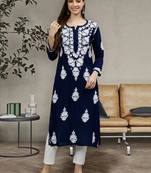 hand embroidered navy blue modal lucknowi chikan kurta
