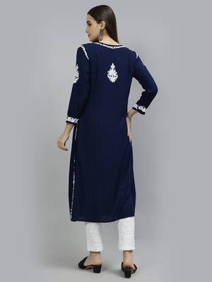 hand embroidered navy blue modal lucknowi chikan kurta 2