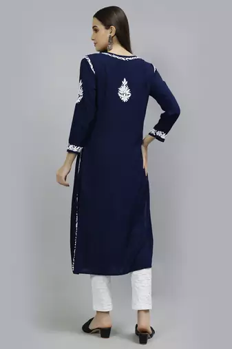 hand embroidered navy blue modal lucknowi chikan kurta
