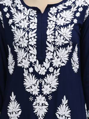 hand embroidered navy blue modal lucknowi chikan kurta 3