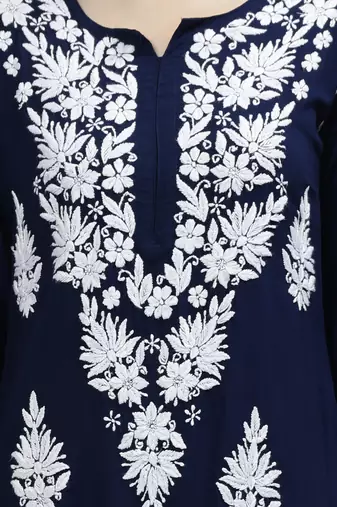 hand embroidered navy blue modal lucknowi chikan kurta