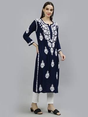 hand embroidered navy blue modal lucknowi chikan kurta 4