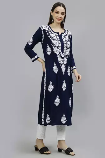 hand embroidered navy blue modal lucknowi chikan kurta