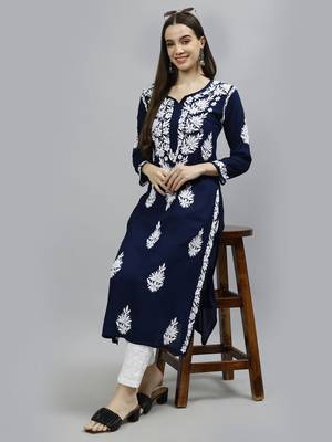 hand embroidered navy blue modal lucknowi chikan kurta 5