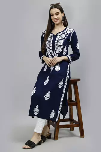 hand embroidered navy blue modal lucknowi chikan kurta