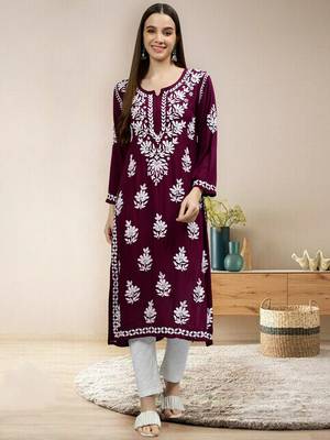 Seva chikan hand embroidered maroon modal lucknowi chikan kurta 1