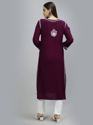 Seva chikan hand embroidered maroon modal lucknowi chikan kurta 2