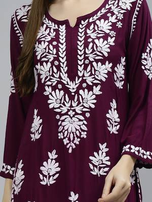 Seva chikan hand embroidered maroon modal lucknowi chikan kurta 3