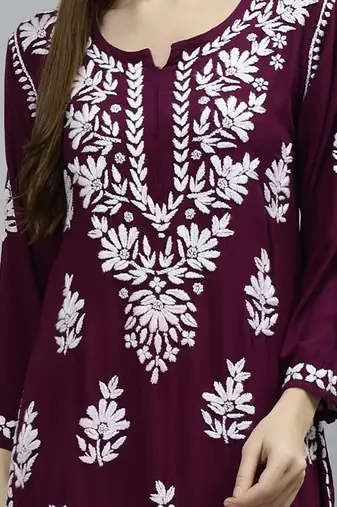 Seva chikan hand embroidered maroon modal lucknowi chikan kurta