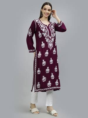 Seva chikan hand embroidered maroon modal lucknowi chikan kurta 4