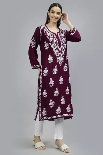 Seva chikan hand embroidered maroon modal lucknowi chikan kurta