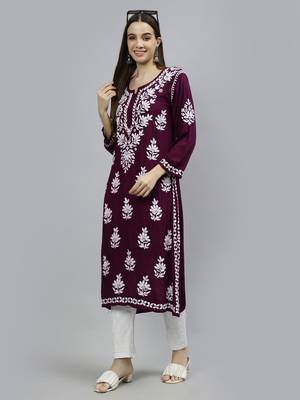 Seva chikan hand embroidered maroon modal lucknowi chikan kurta 5