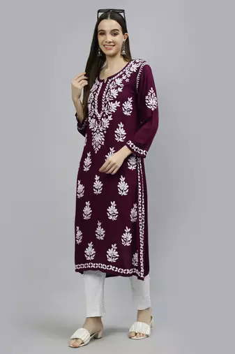 Seva chikan hand embroidered maroon modal lucknowi chikan kurta