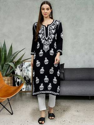 hand embroidered black rayon lucknowi chikan kurta 1