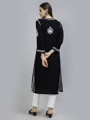 hand embroidered black rayon lucknowi chikan kurta 2