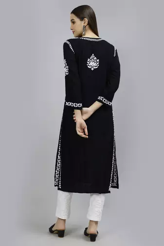 hand embroidered black rayon lucknowi chikan kurta